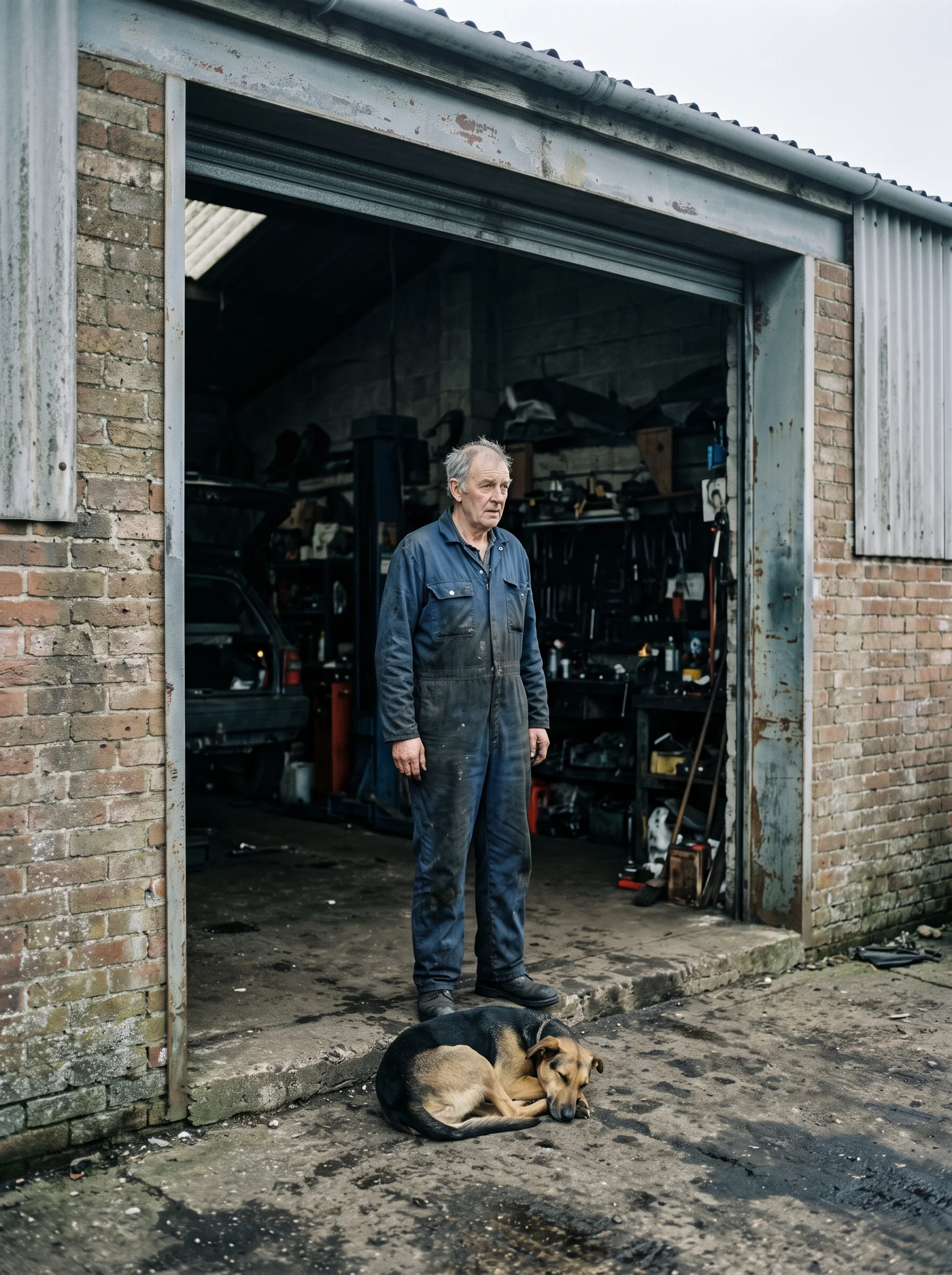 A mechanic in worn overalls stands in the open workshop doorway with a dog sleeping at his feet.