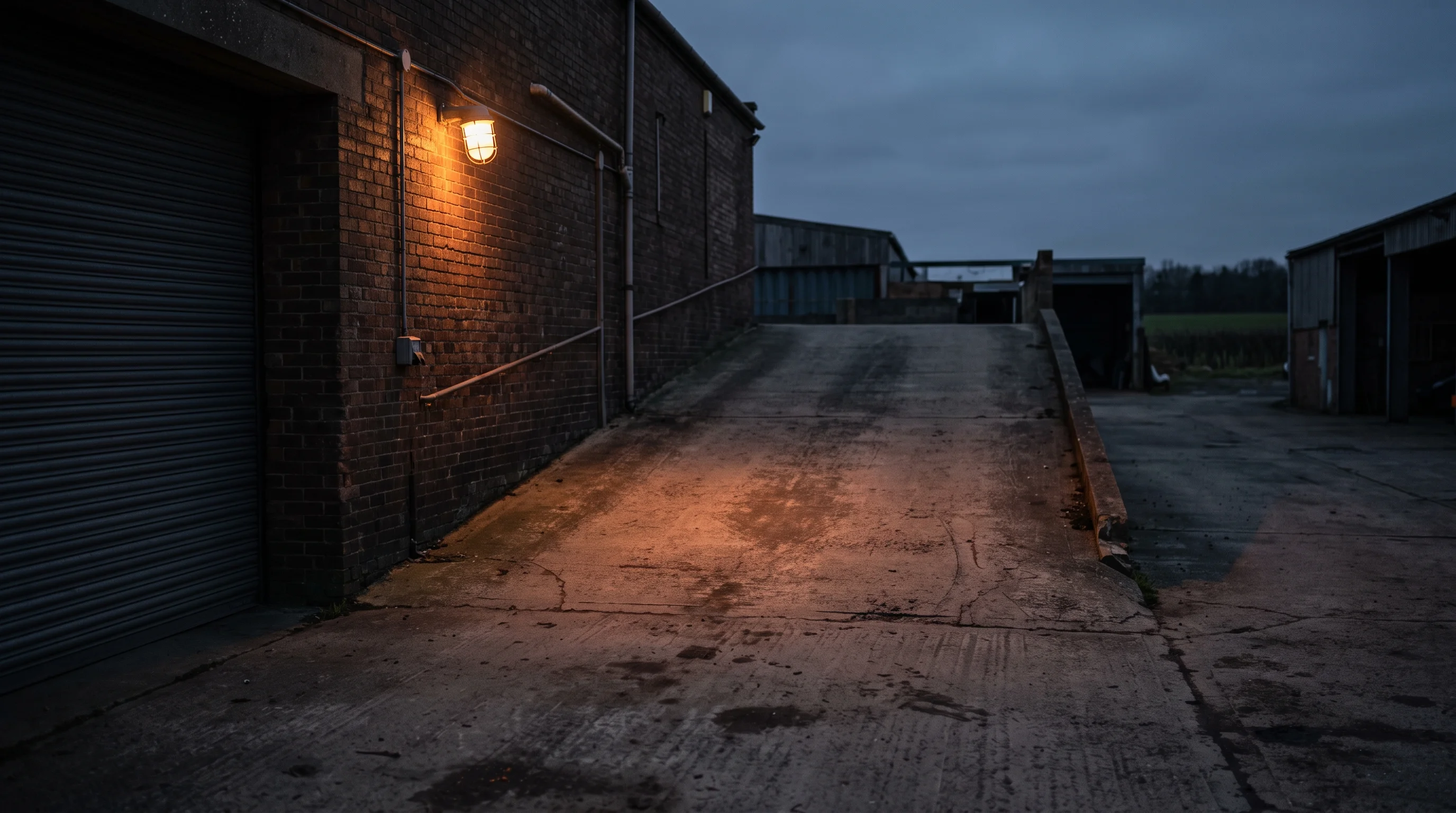 An empty workshop at dusk, doors half-closed, one work lamp still on over a cleared ramp
