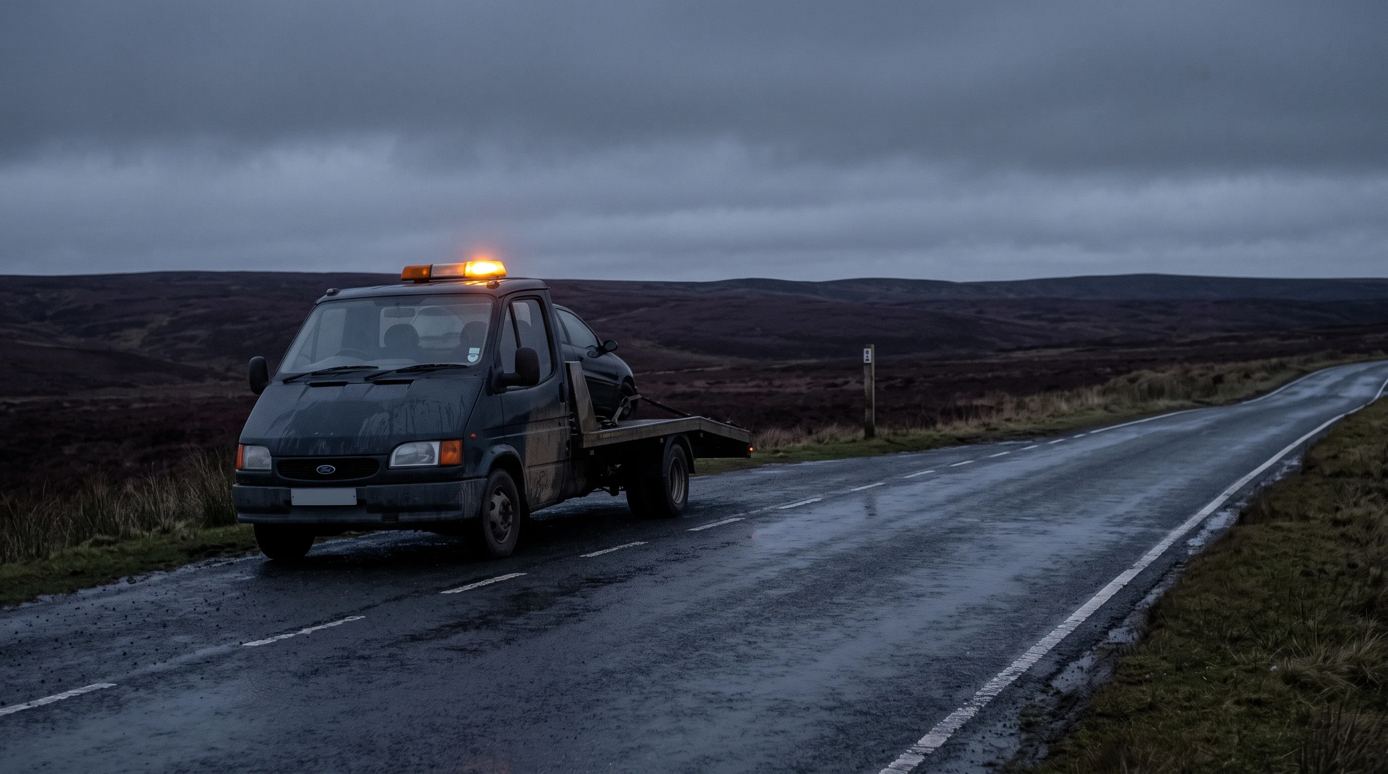 A recovery truck at dusk on a dimming moor road, its amber beacon glowing against wet tarmac and low grey cloud