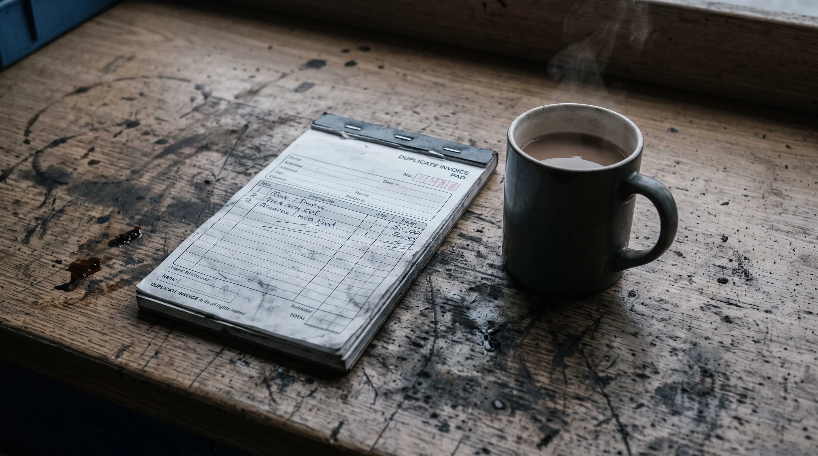 A duplicate invoice pad on an oil-stained counter with biro pressed hard through the carbon, a mug of tea steaming beside it