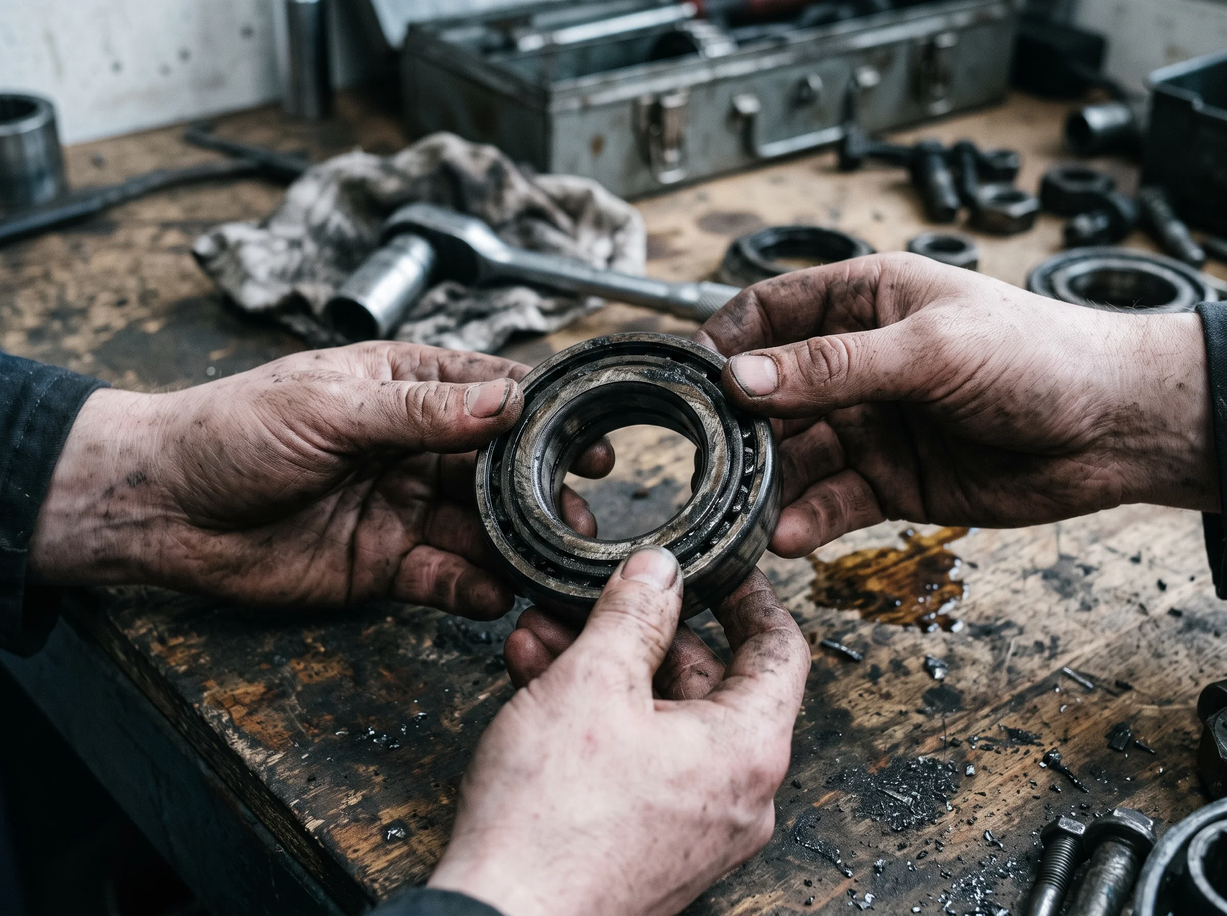 Hands with grime in the knuckles turning a worn wheel bearing towards flat daylight above a scarred workbench