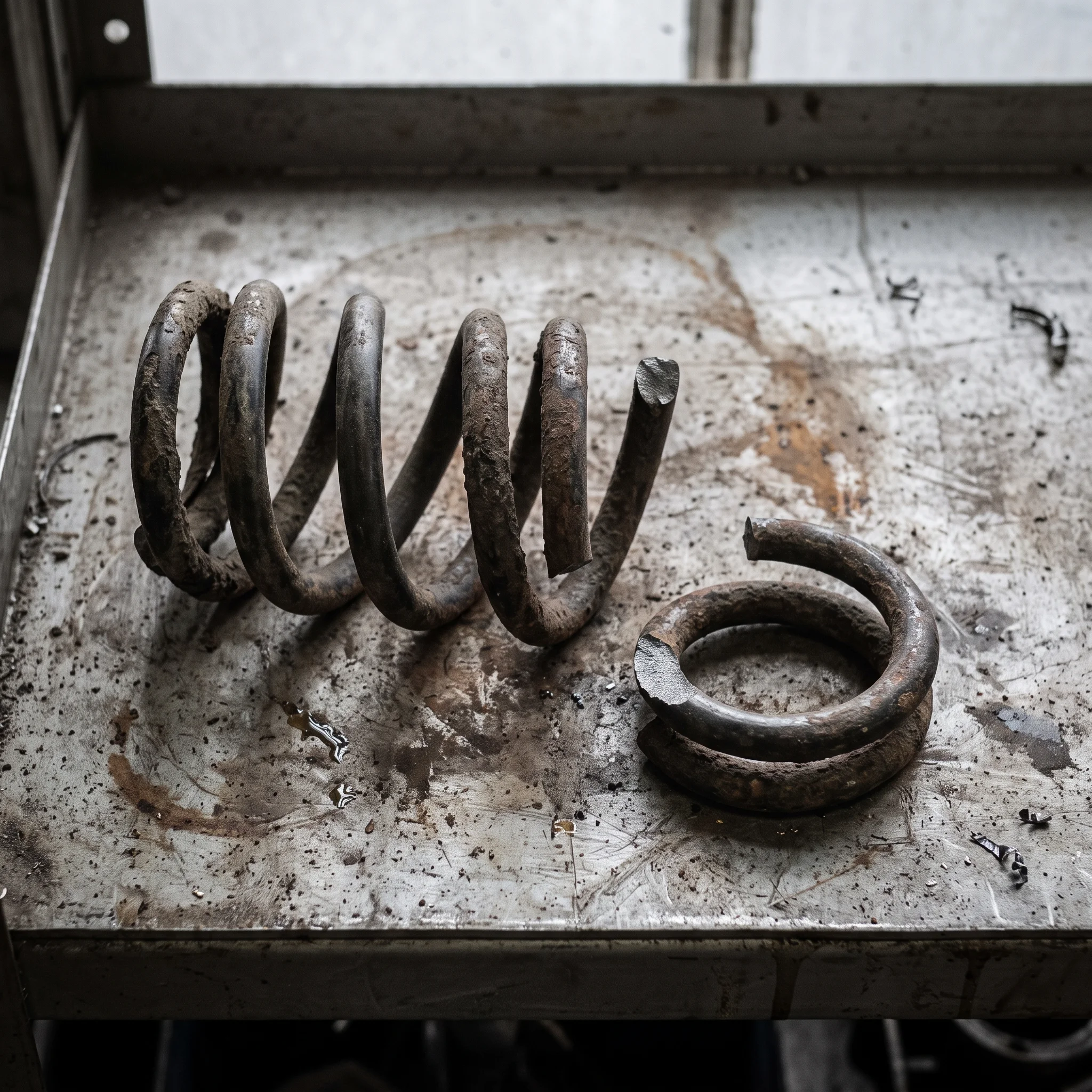 A coil spring snapped into two pieces, the bright fracture face showing against rusted coils on a steel shelf