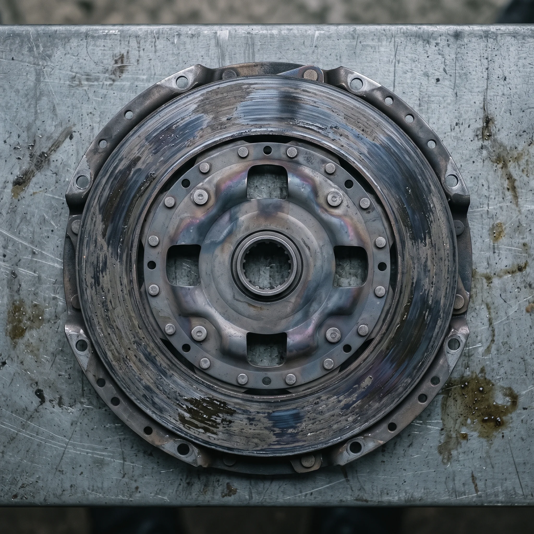 A glazed clutch plate with heat rings across its friction surface, laid flat on a steel shelf