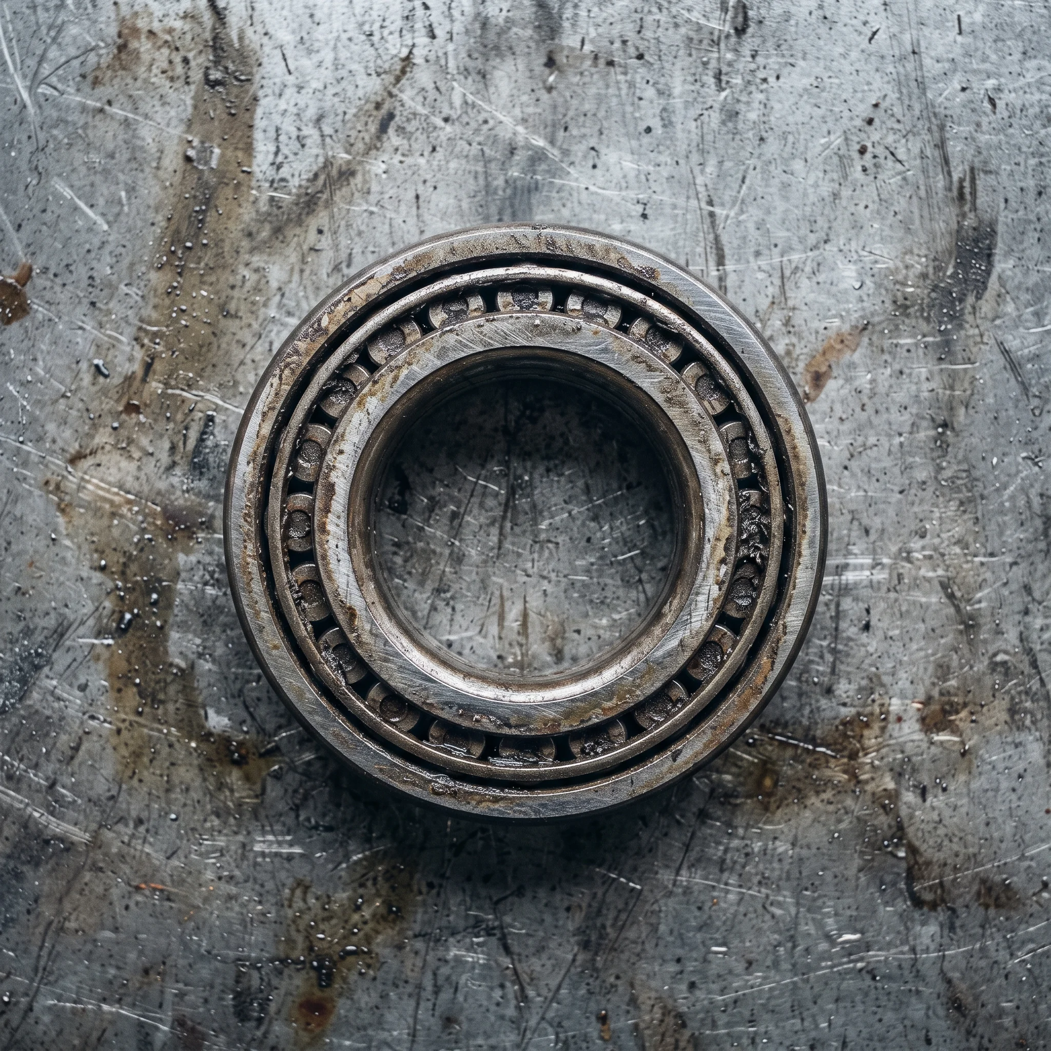 A chewed, pitted wheel bearing laid flat on a stained steel shelf in cold even light