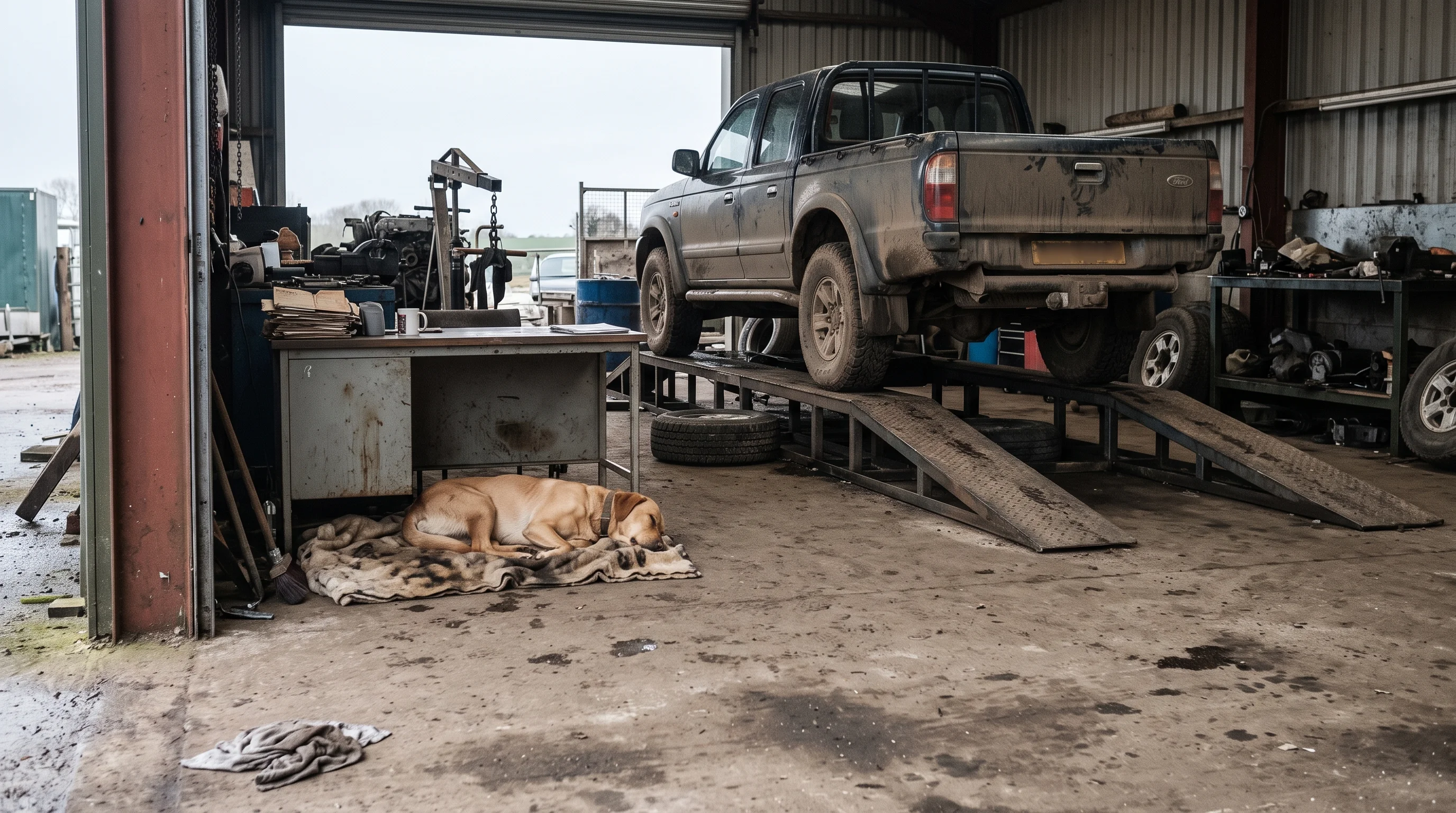 Open workshop bay at Bilton Yard in flat grey daylight: a farm pickup raised on the ramp over stained concrete, with a tan dog asleep near the desk